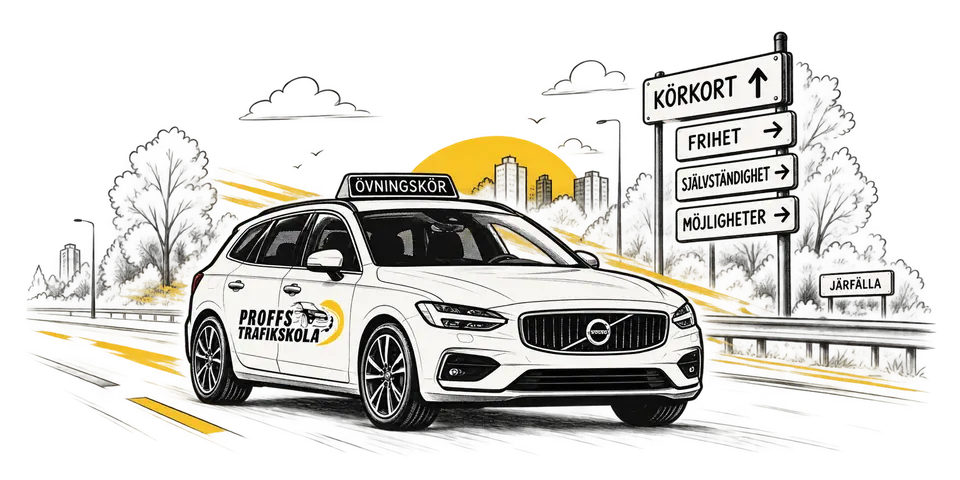 Illustration av övningskörningsbil och vägskyltar mot körkort och frihet
